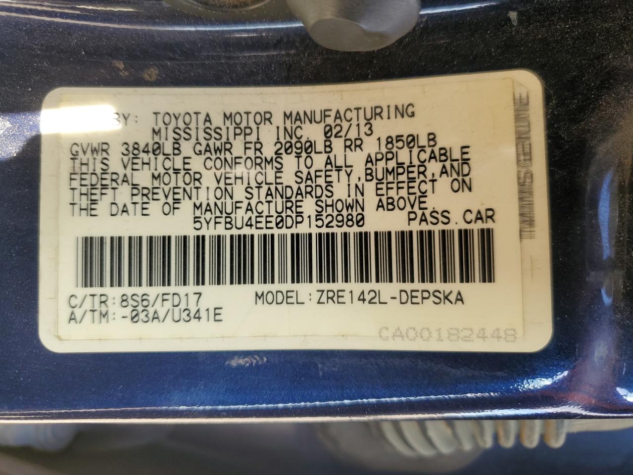 2013 Toyota Corolla Base VIN: 5YFBU4EE0DP152980 Lot: 85529925