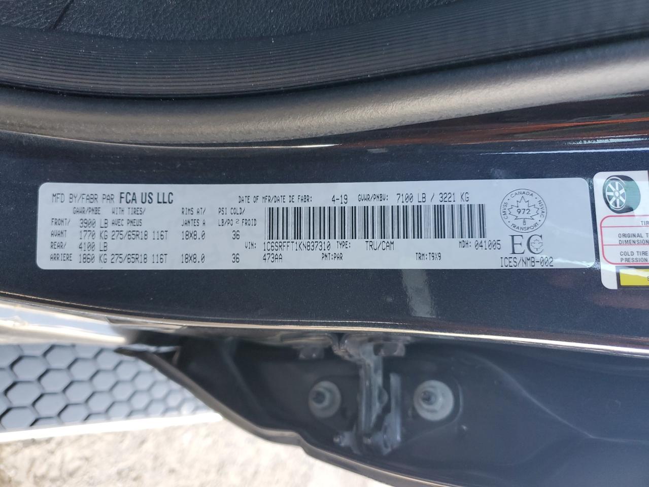 2019 Ram 1500 Big Horn/Lone Star VIN: 1C6SRFFT1KN837310 Lot: 85662595