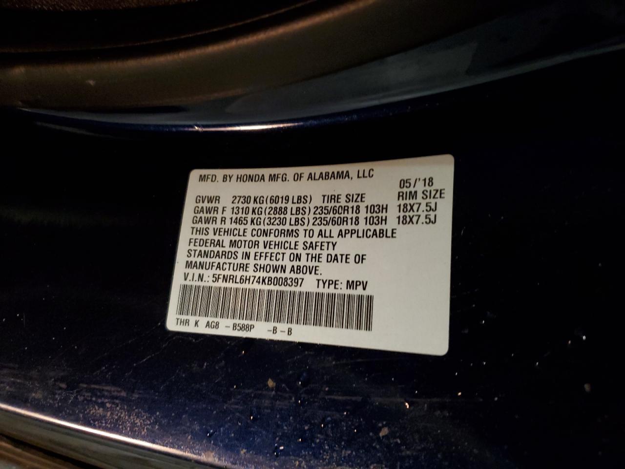 2019 Honda Odyssey Exl VIN: 5FNRL6H74KB008397 Lot: 82440055