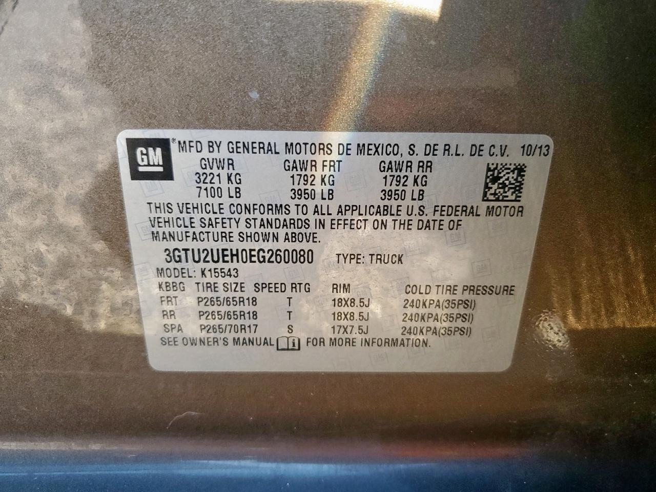 2014 GMC Sierra K1500 Sle VIN: 3GTU2UEH0EG260080 Lot: 90873295