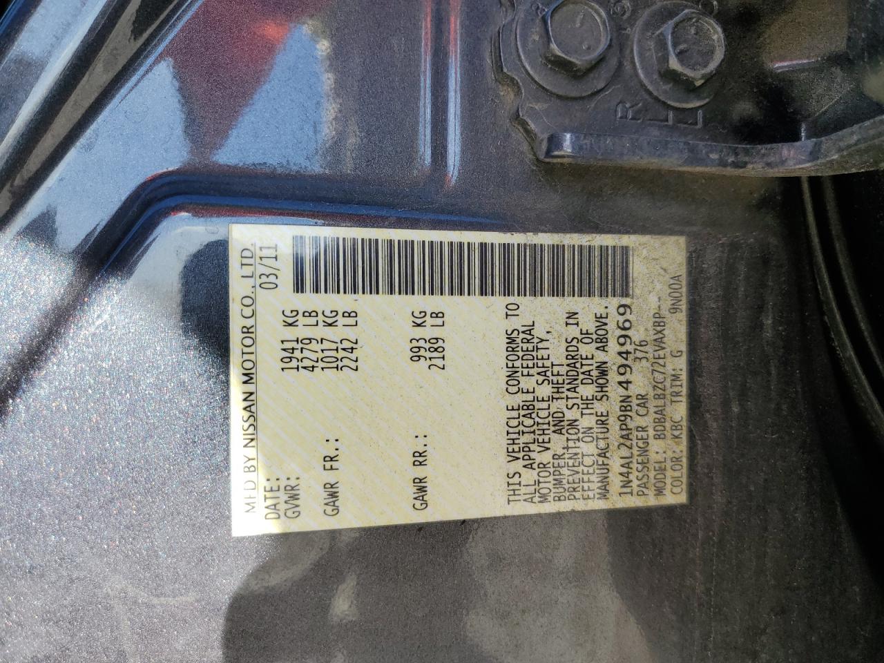 2011 Nissan Altima Base VIN: 1N4AL2AP9BN494969 Lot: 86506695