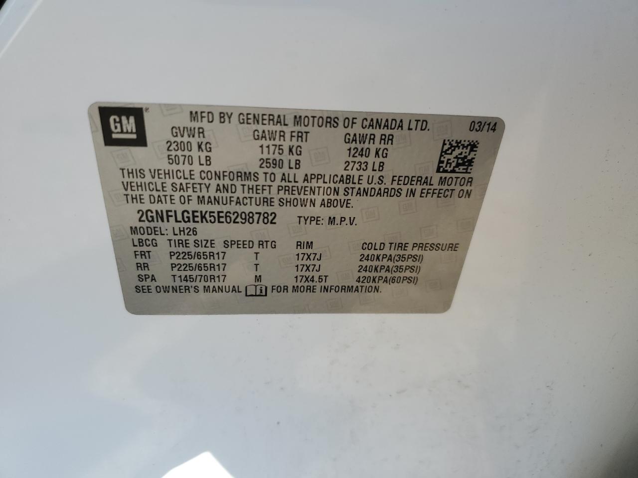 2014 Chevrolet Equinox Lt VIN: 2GNFLGEK5E6298782 Lot: 82385005