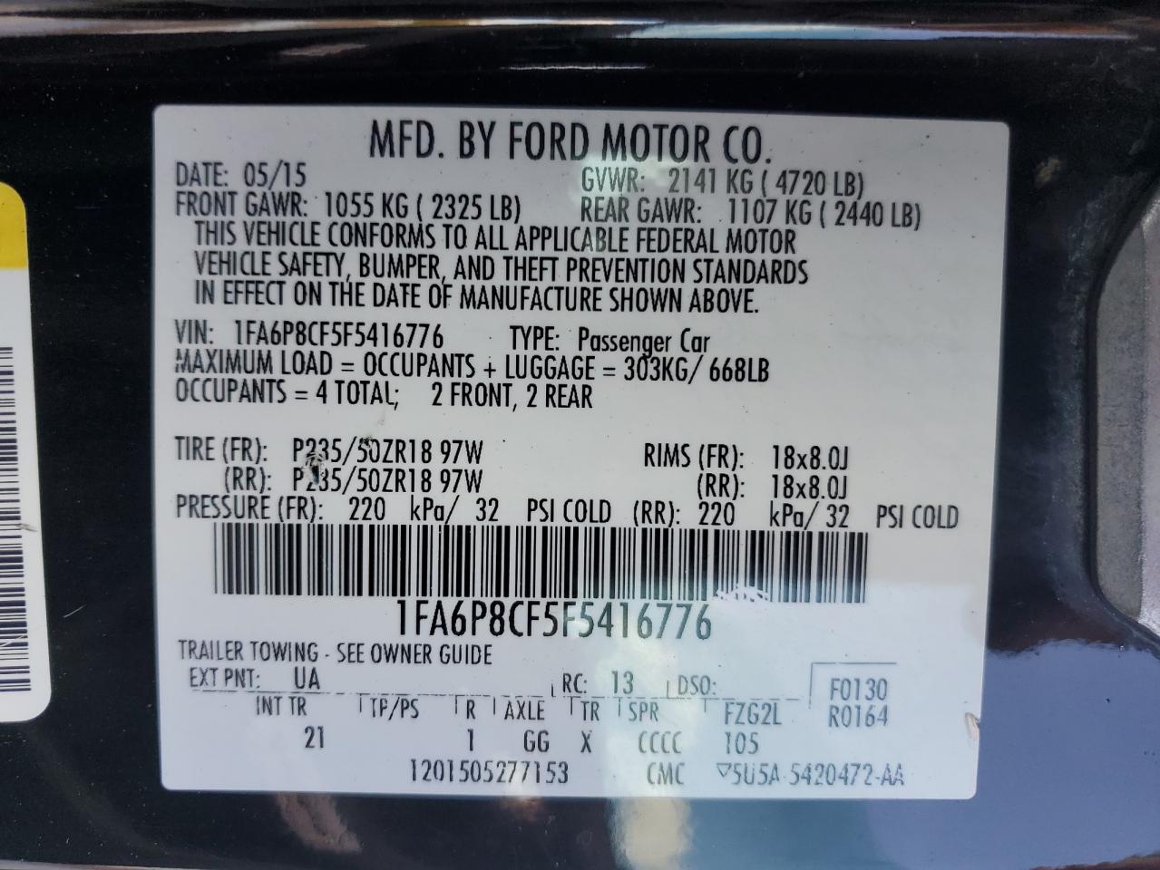 2015 Ford Mustang Gt VIN: 1FA6P8CF5F5416776 Lot: 85363615