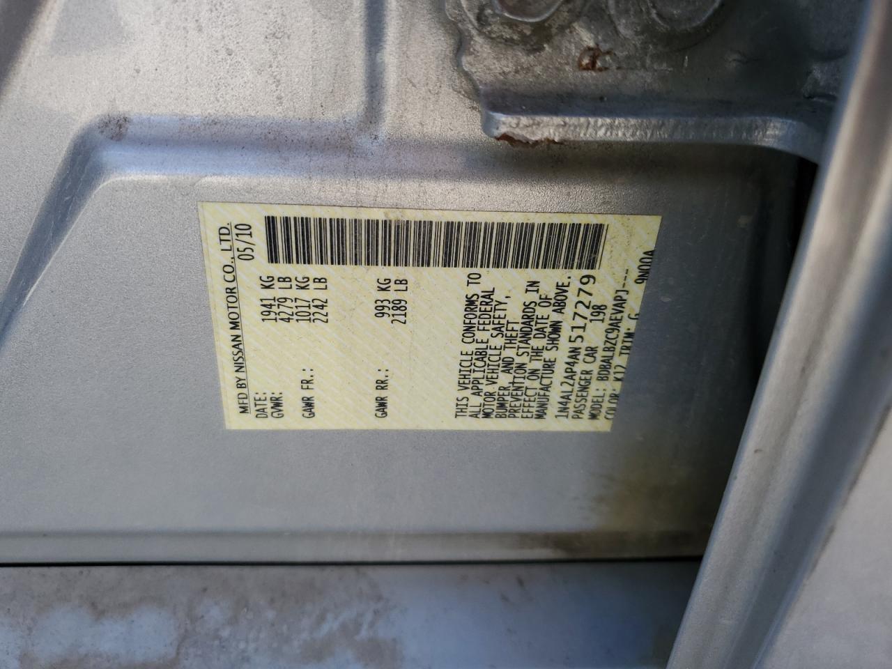 2010 Nissan Altima Base VIN: 1N4AL2AP4AN517279 Lot: 84920055