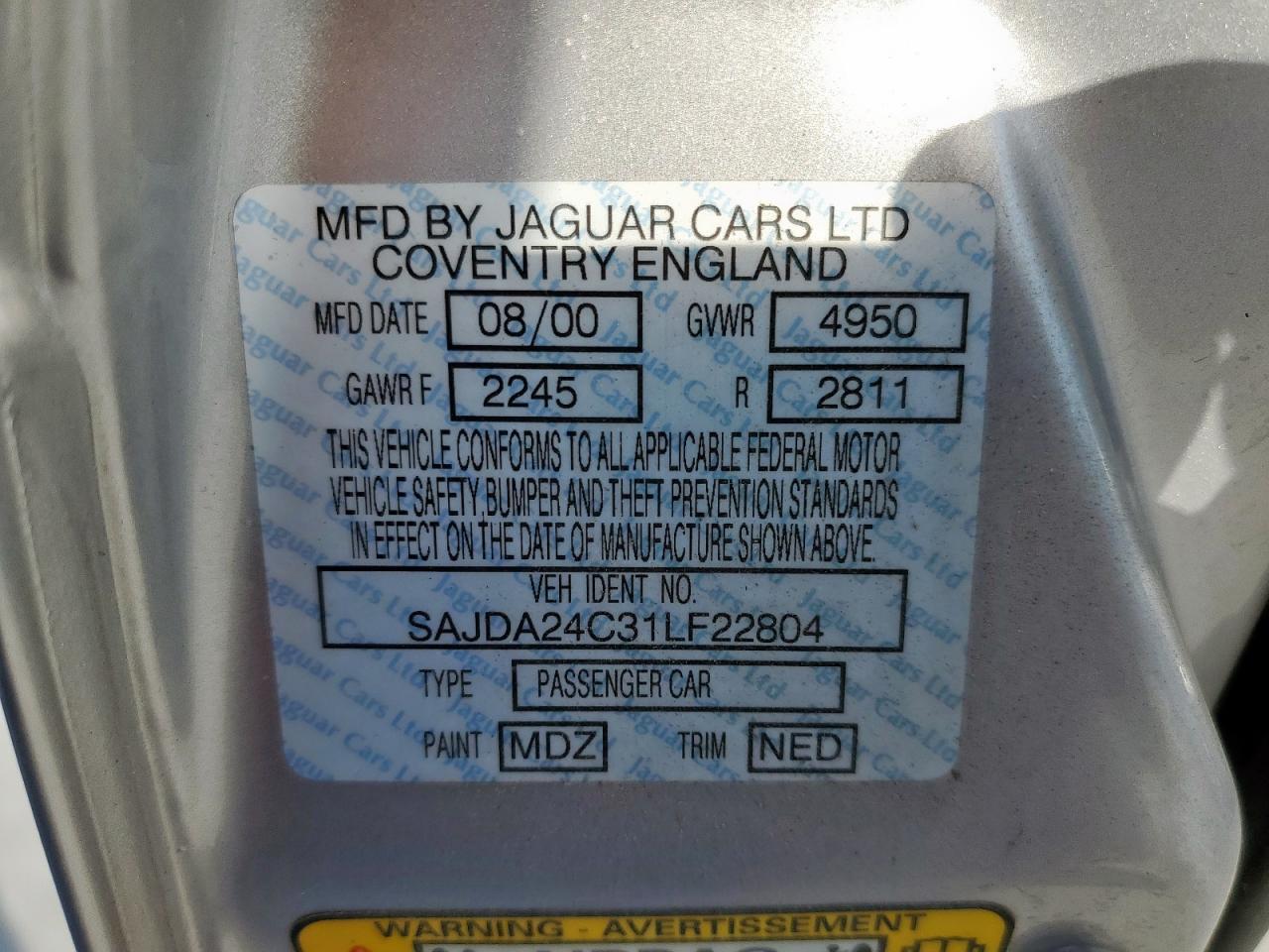 2001 Jaguar Vandenplas VIN: SAJDA24C31LF22804 Lot: 82211375