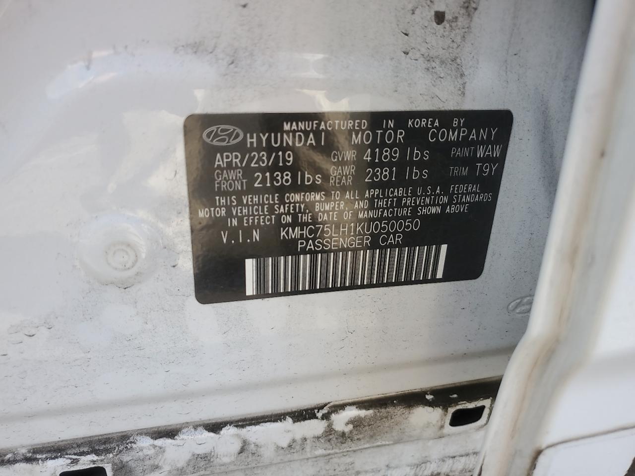 2019 Hyundai Ioniq VIN: KMHC75LH1KU050050 Lot: 86892605