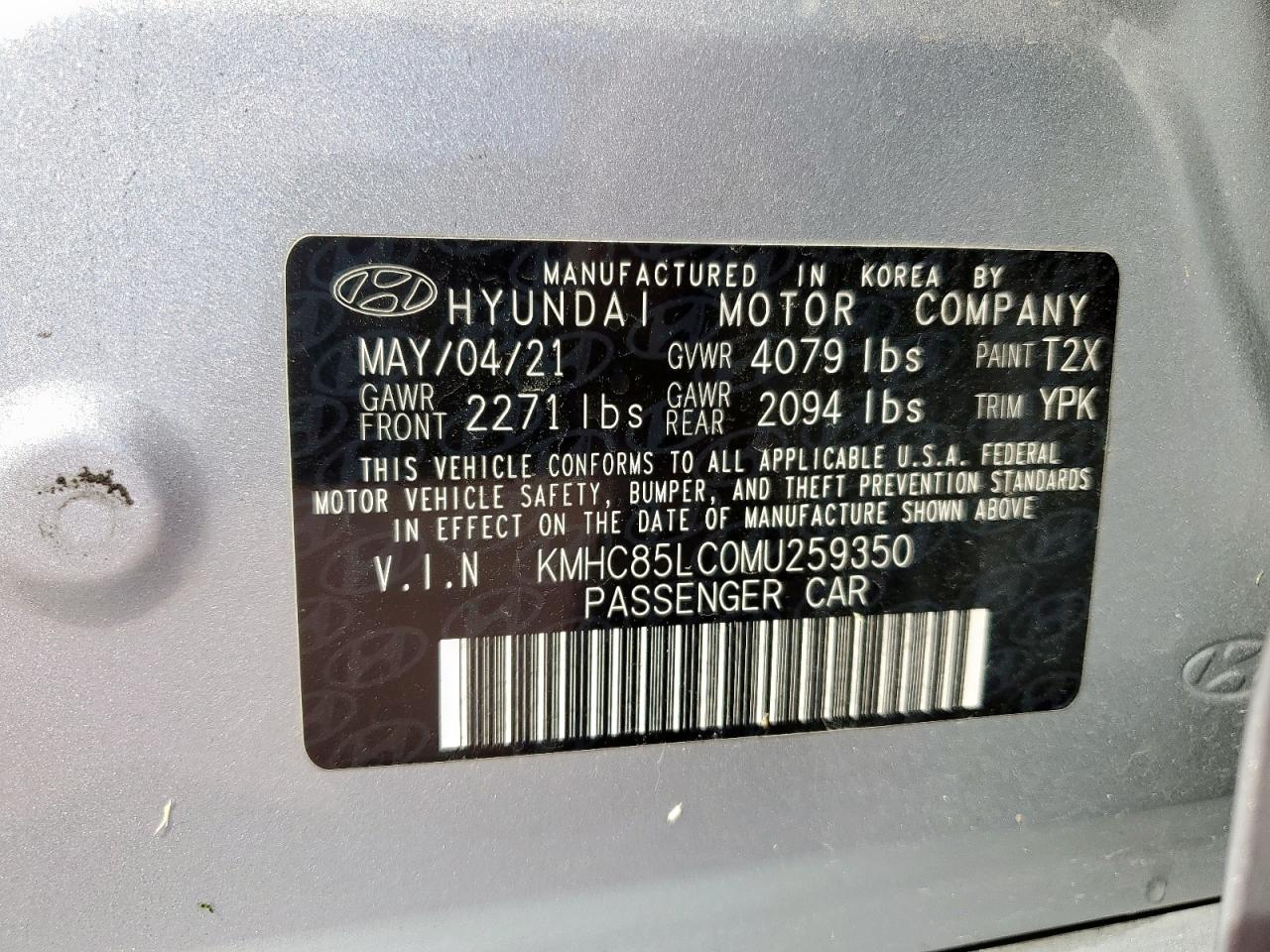 2021 Hyundai Ioniq Sel VIN: KMHC85LC0MU259350 Lot: 85944815
