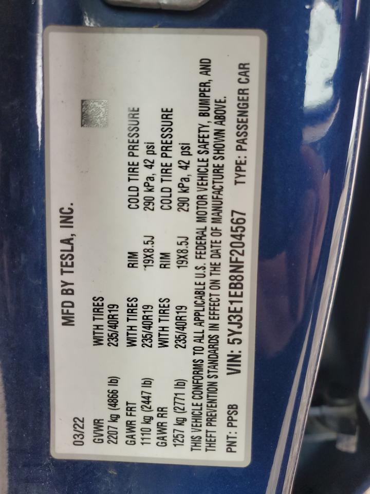 2022 Tesla Model 3 VIN: 5YJ3E1EB8NF204567 Lot: 86185595