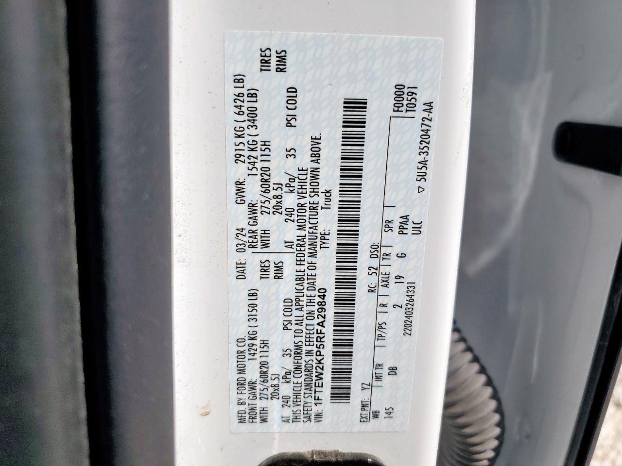 2024 Ford F150 Stx VIN: 1FTEW2KP5RFA29840 Lot: 85167535