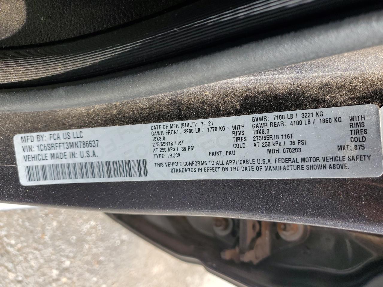 2021 Ram 1500 Big Horn/Lone Star VIN: 1C6SRFFT3MN786637 Lot: 89652705