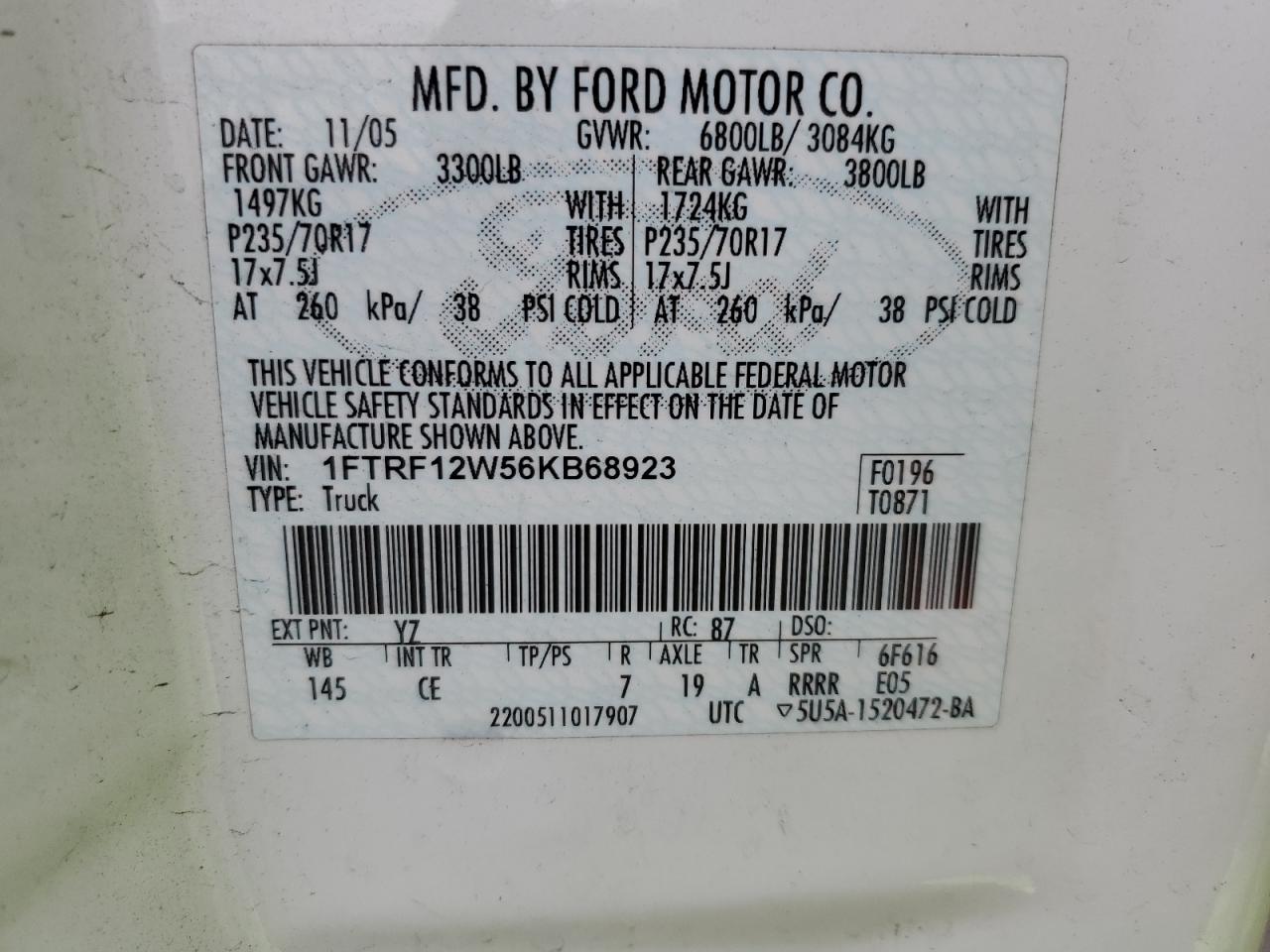 2006 Ford F150 VIN: 1FTRF12W56KB68923 Lot: 82369275