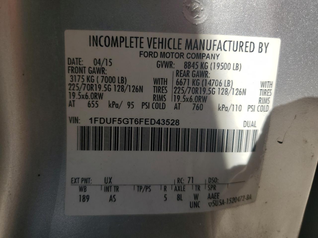 2015 Ford F550 Super Duty VIN: 1FDUF5GT6FED43528 Lot: 84837925