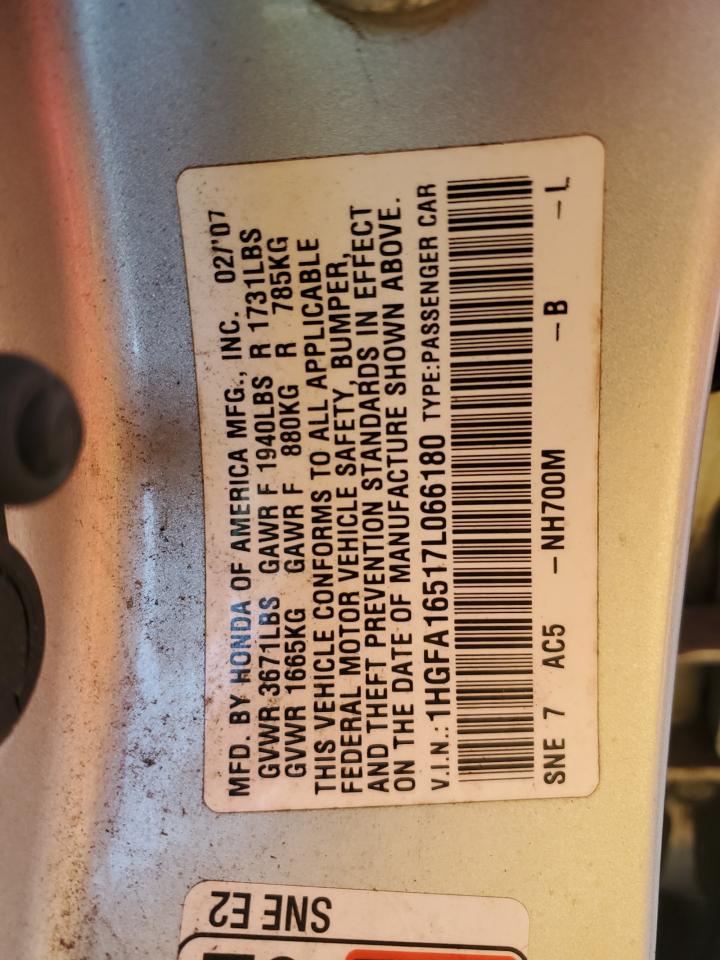 2007 Honda Civic Lx VIN: 1HGFA16517L066180 Lot: 86115355