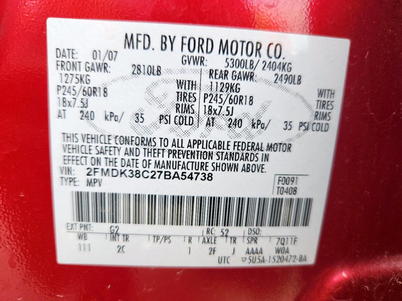 2007 Ford Edge Sel VIN: 2FMDK38C27BA54738 Lot: 90038755