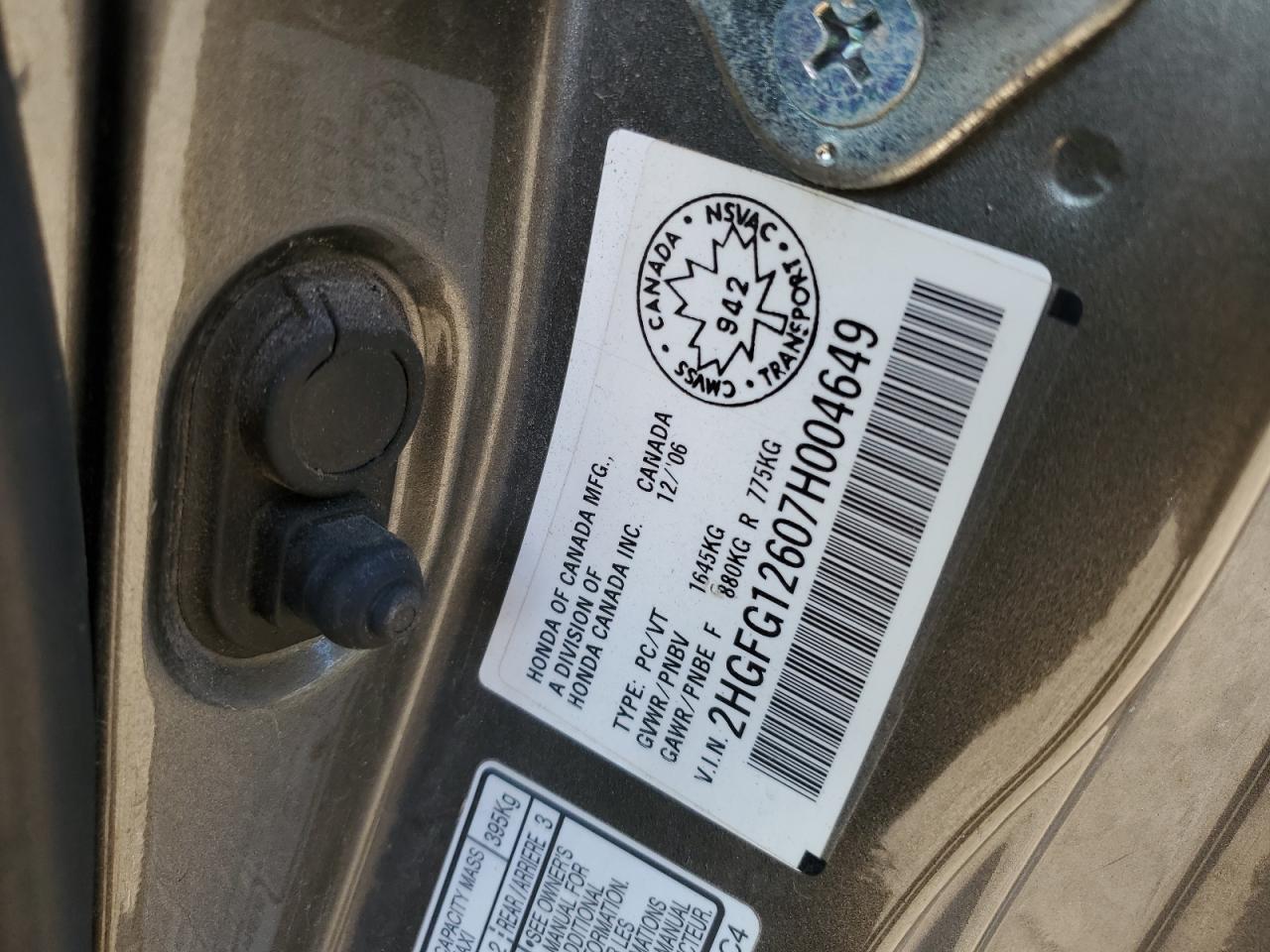 2007 Honda Civic Lx VIN: 2HGFG12607H004649 Lot: 82073615