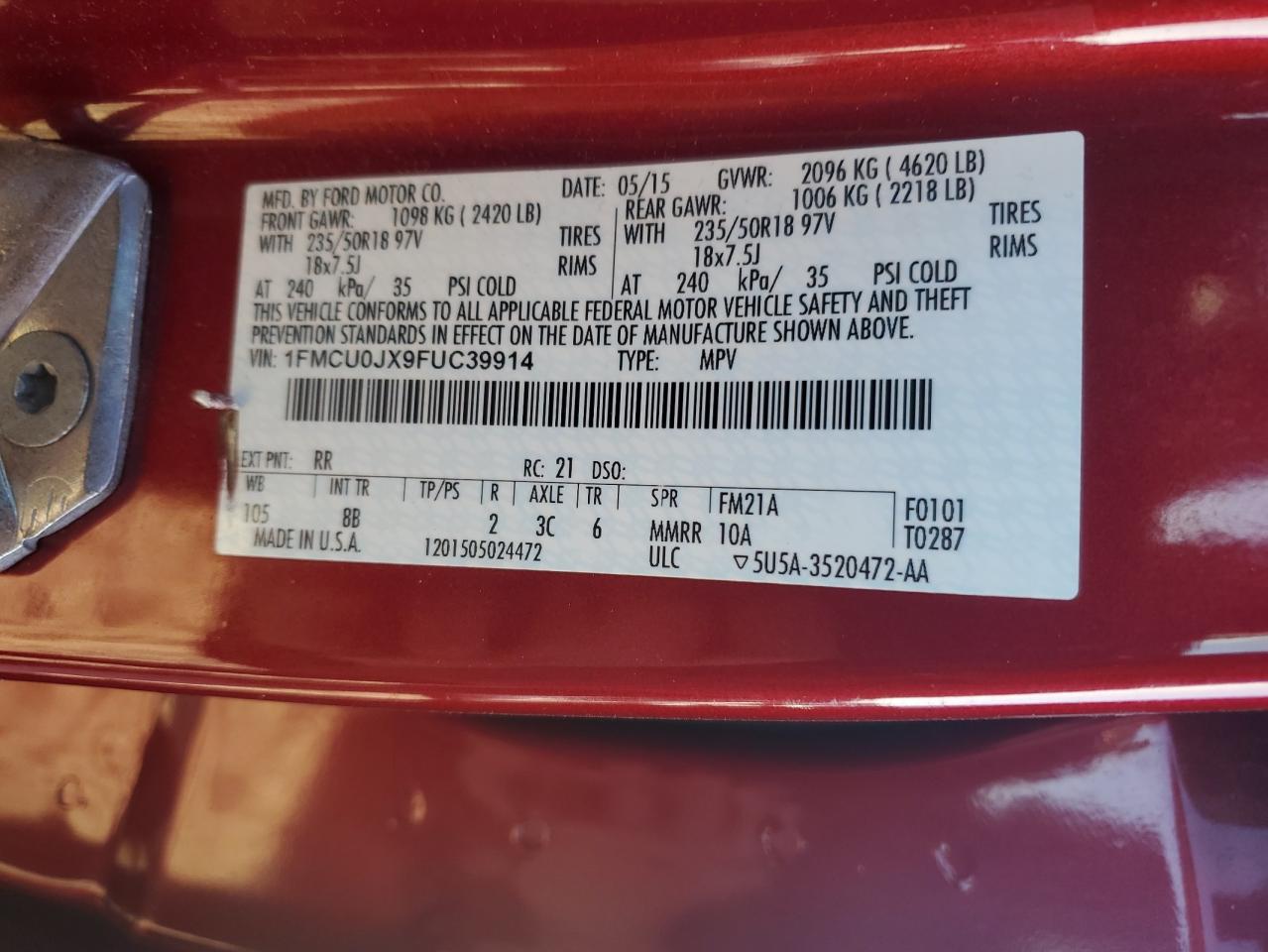 2015 Ford Escape Titanium VIN: 1FMCU0JX9FUC39914 Lot: 85081975