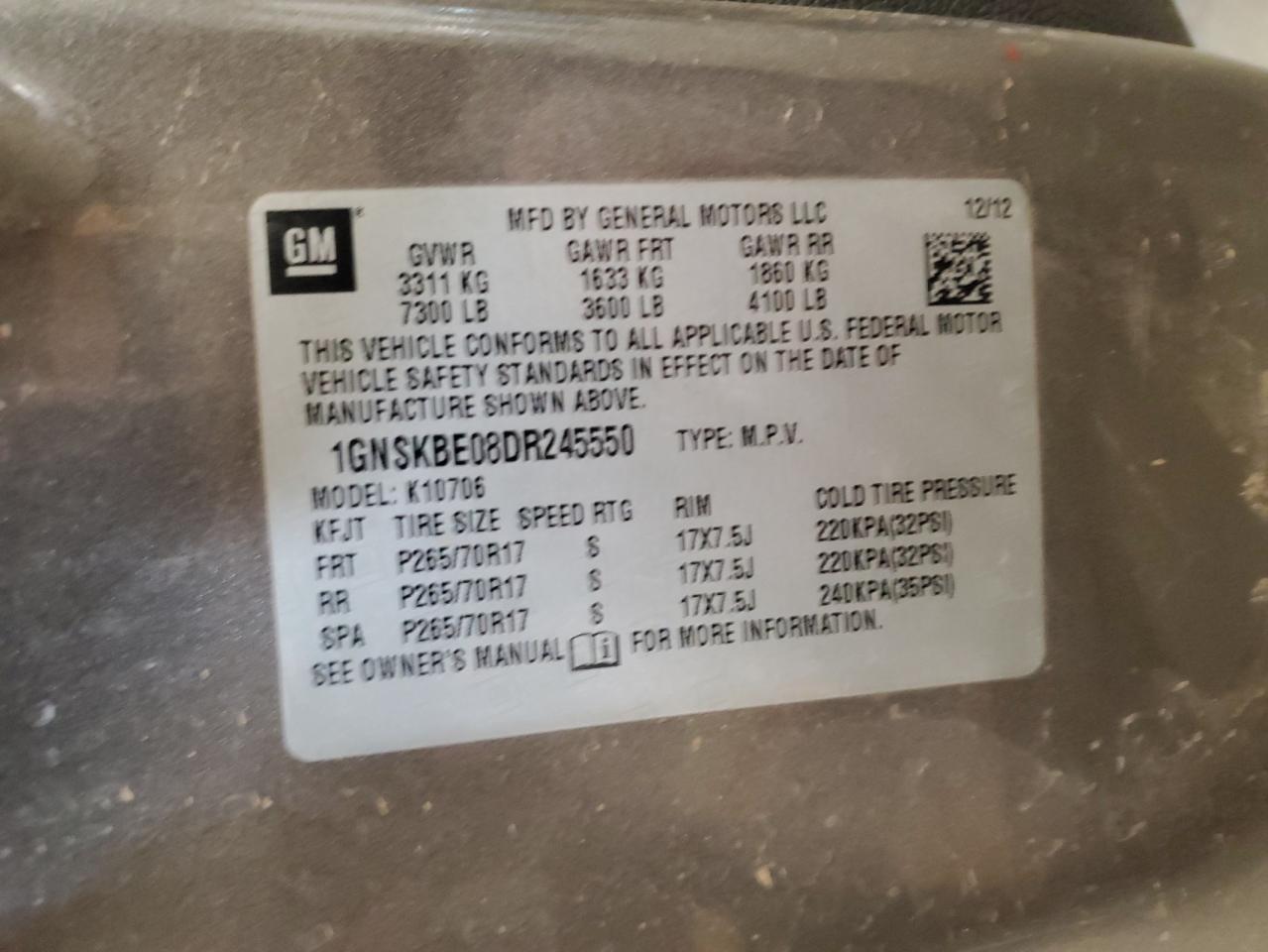 2013 Chevrolet Tahoe K1500 Lt VIN: 1GNSKBE08DR245550 Lot: 85913695