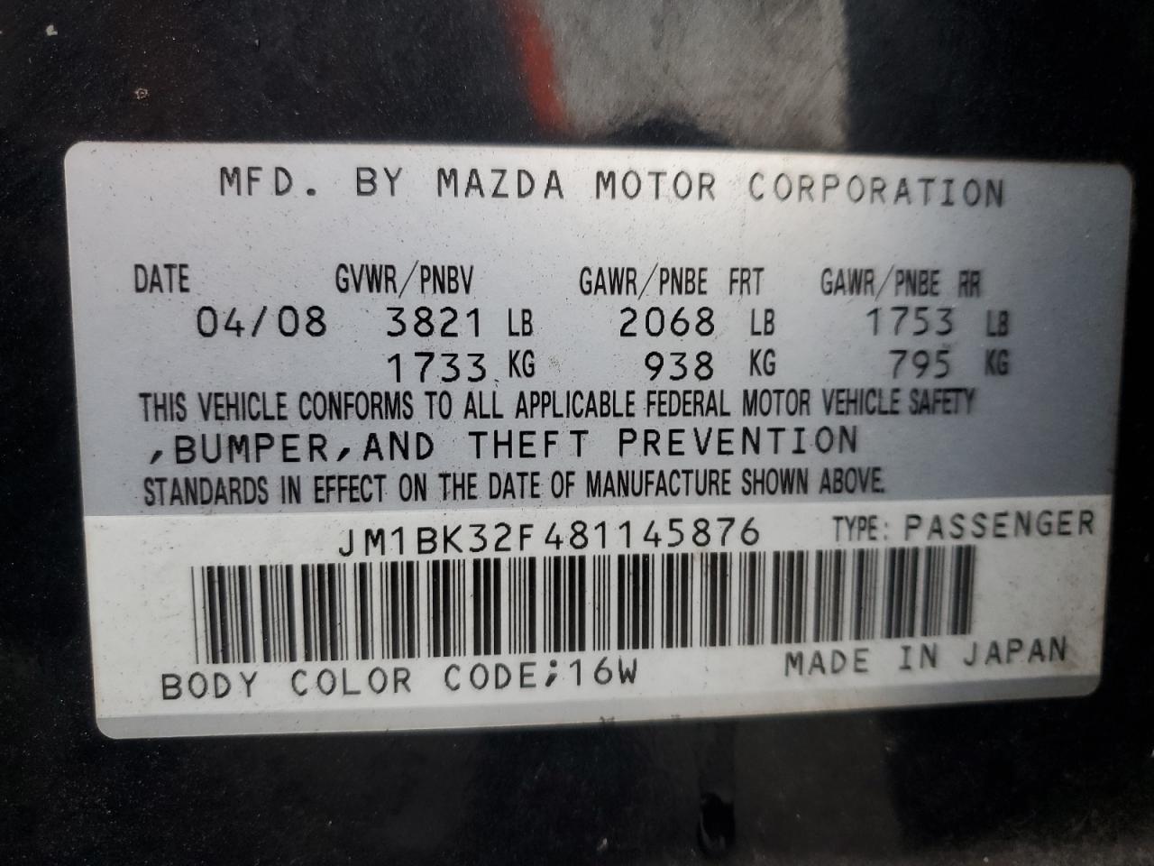 2008 Mazda 3 I VIN: JM1BK32F481145876 Lot: 90116235