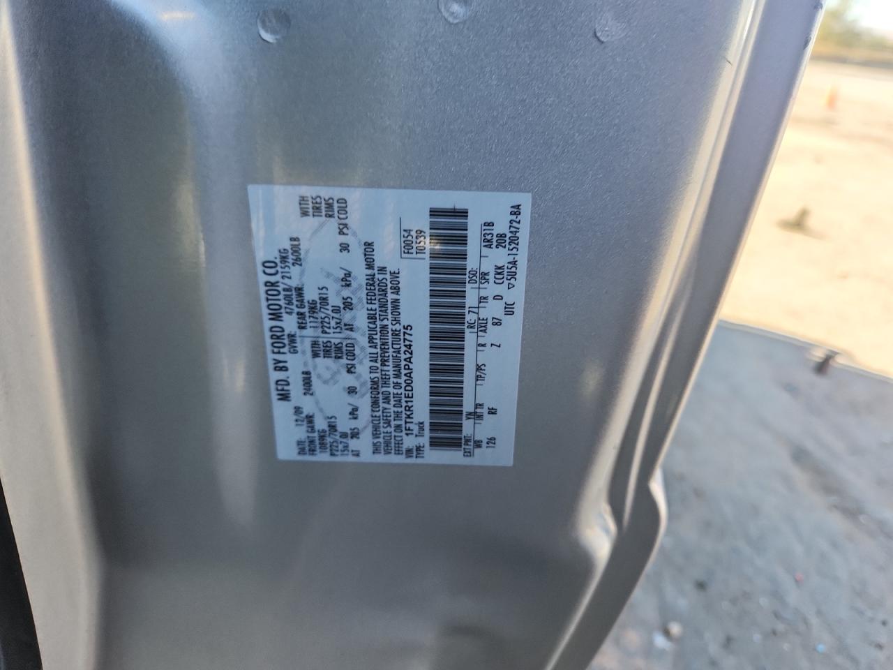 2010 Ford Ranger Super Cab VIN: 1FTKR1ED0APA24775 Lot: 85409655