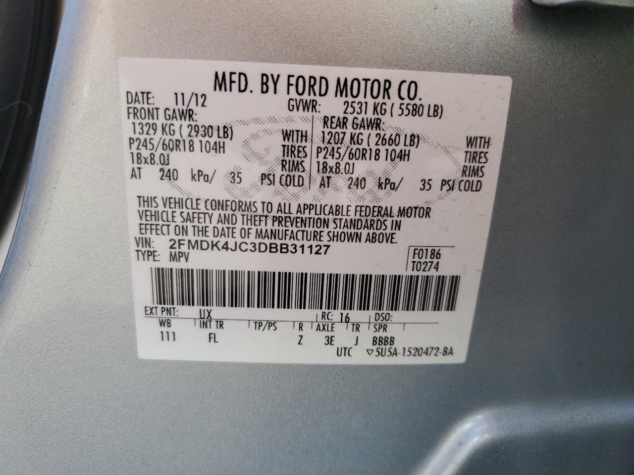 2013 Ford Edge Sel VIN: 2FMDK4JC3DBB31127 Lot: 85425085