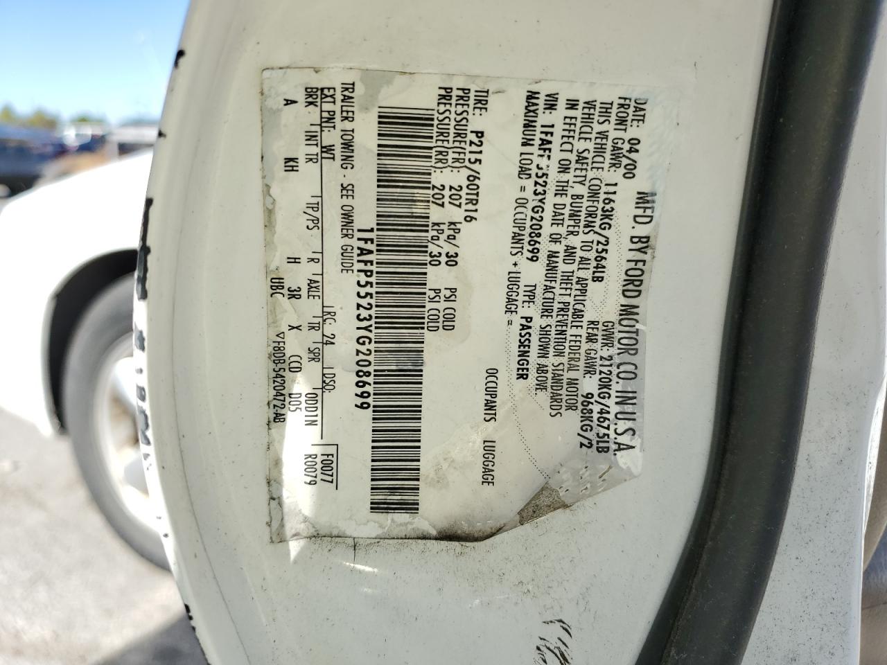 2000 Ford Taurus Ses VIN: 1FAFP5523YG208699 Lot: 89439775