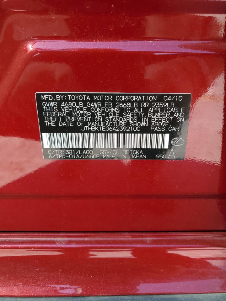 2010 Lexus Es 350 VIN: JTHBK1EG6A2392100 Lot: 84632975