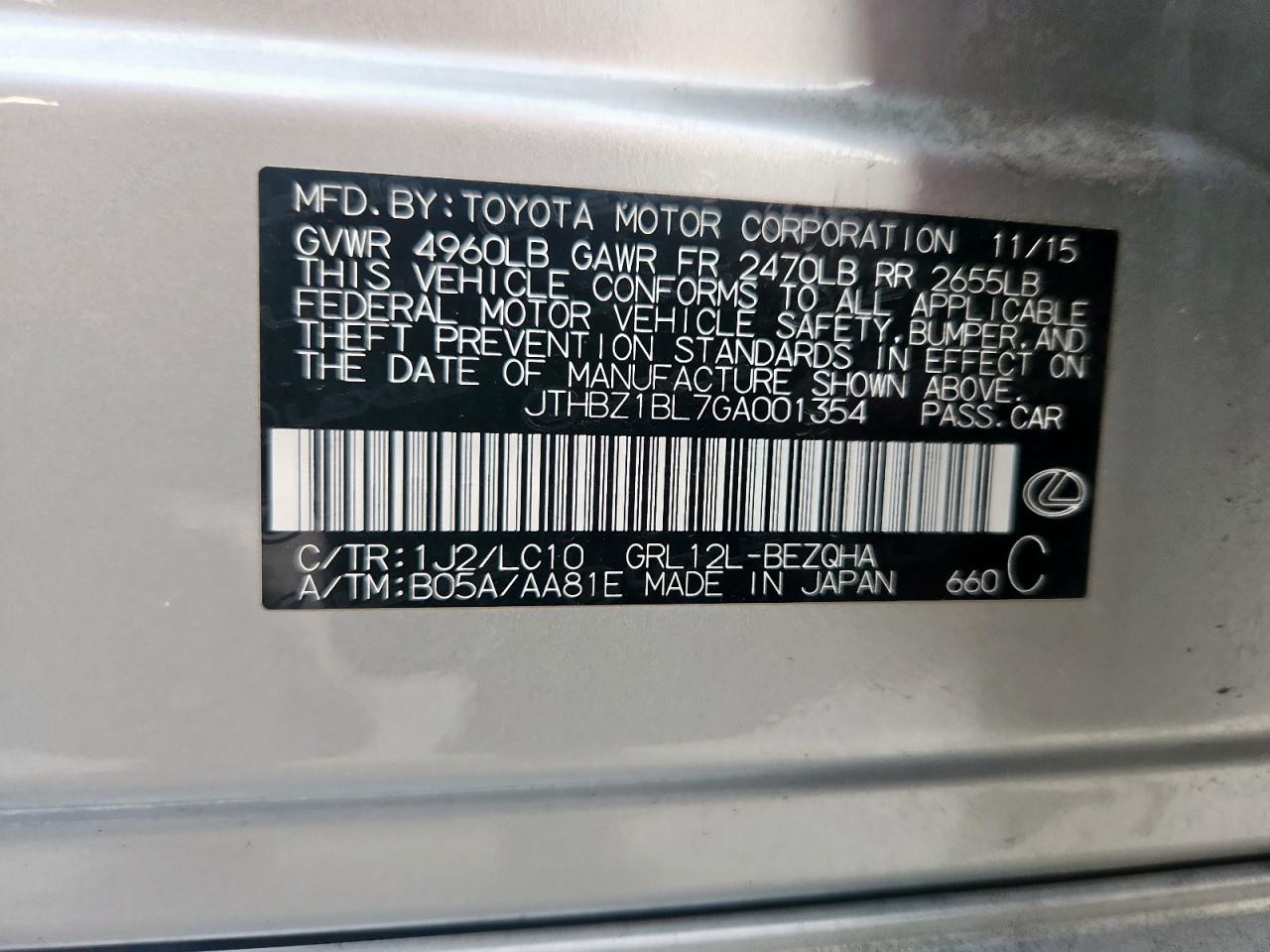 2016 Lexus Gs 350 Base VIN: JTHBZ1BL7GA001354 Lot: 85296235