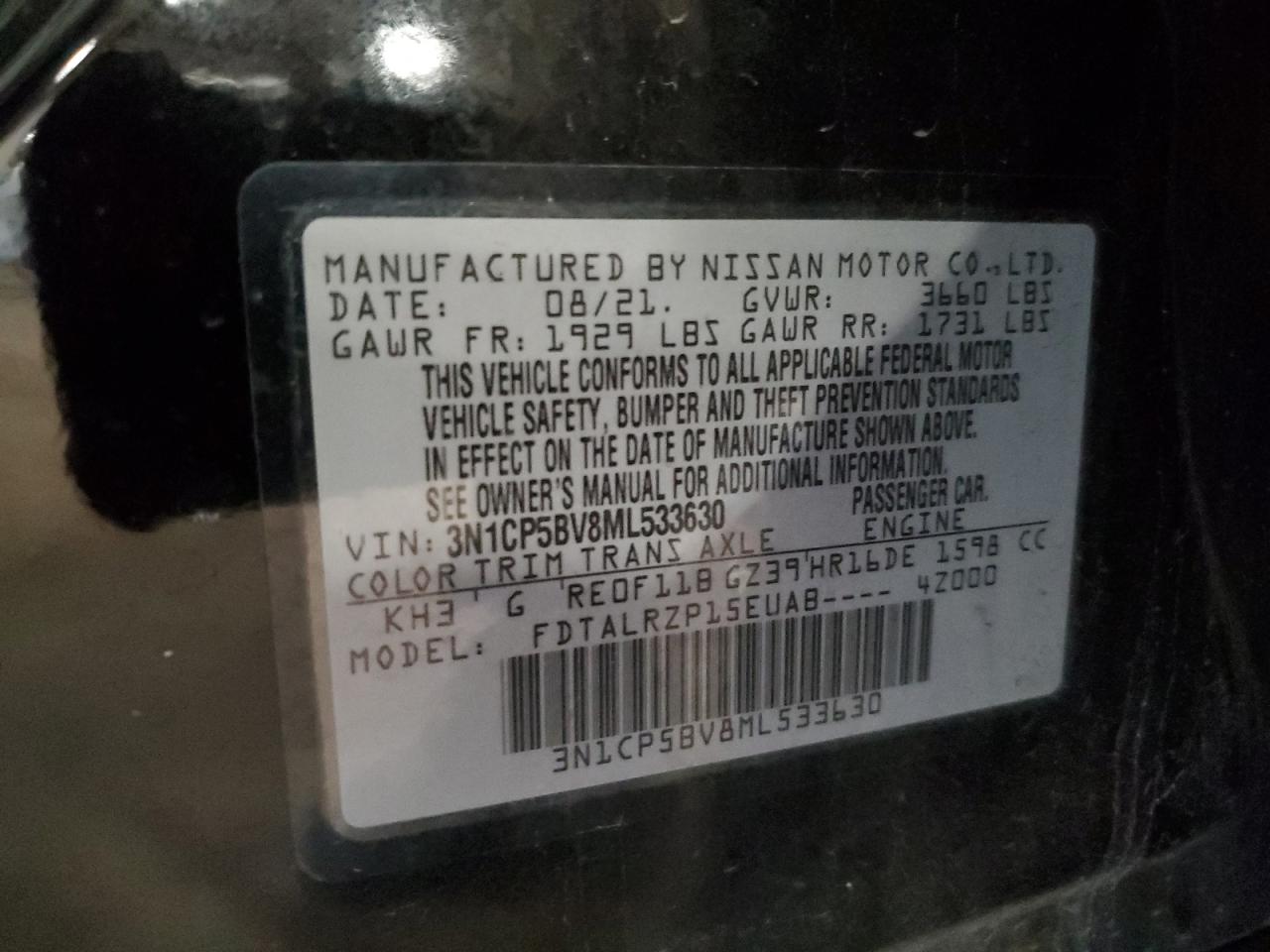 2021 Nissan Kicks S VIN: 3N1CP5BV8ML533630 Lot: 85760815