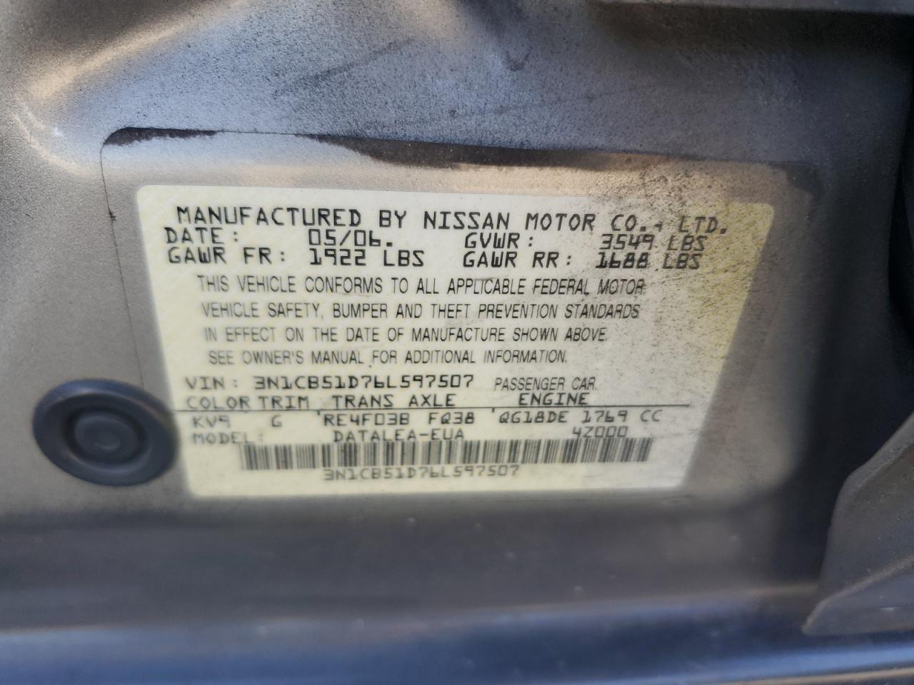 2006 Nissan Sentra 1.8 VIN: 3N1CB51D76L597507 Lot: 85493075