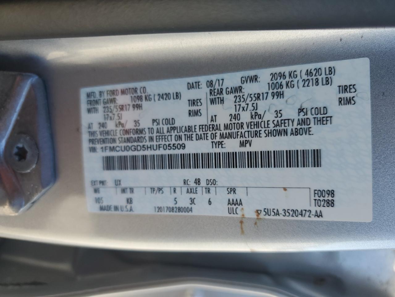 2017 Ford Escape Se VIN: 1FMCU0GD5HUF05509 Lot: 86240505