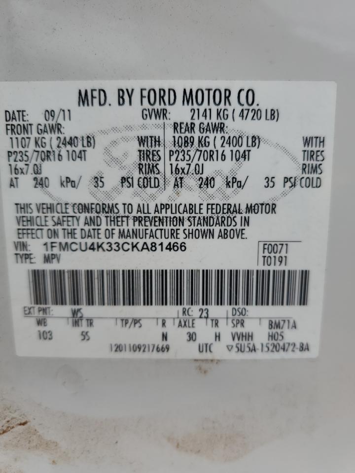 2012 Ford Escape Hybrid VIN: 1FMCU4K33CKA81466 Lot: 82768905