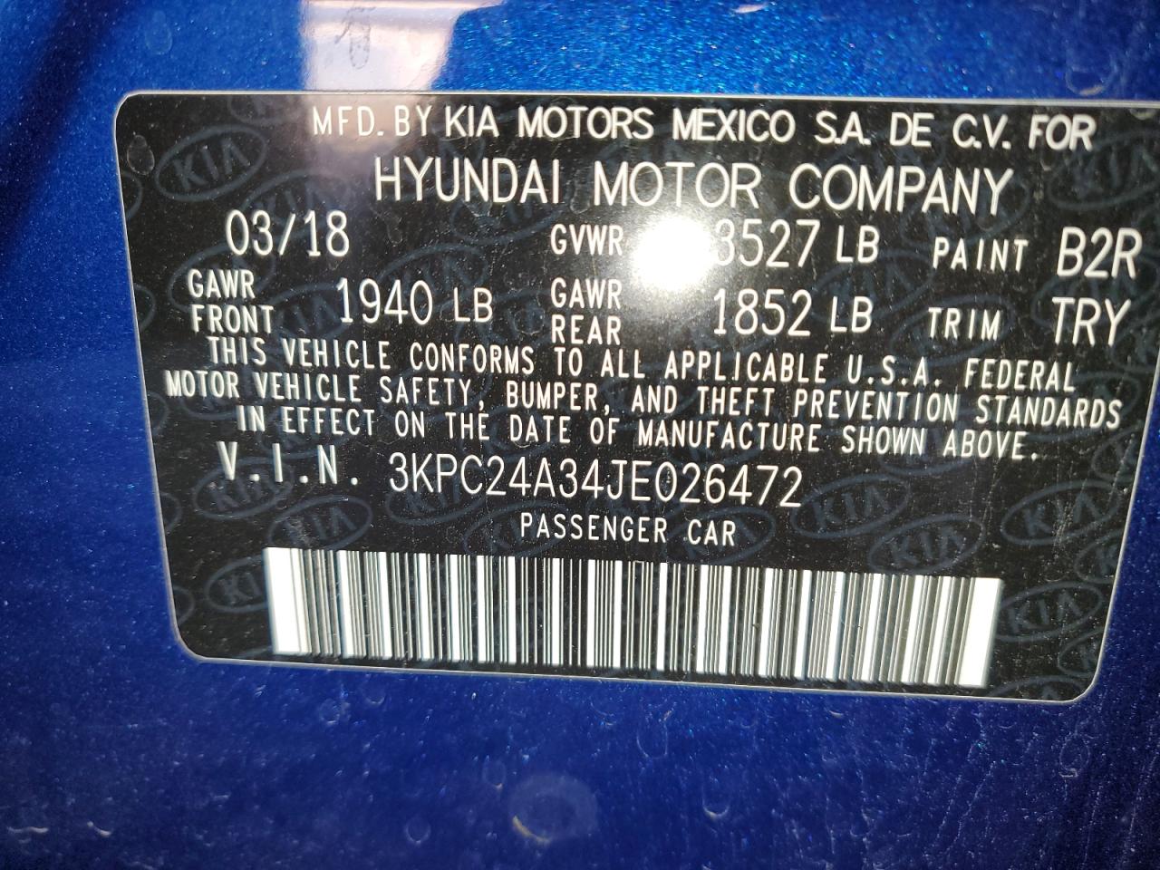 2018 Hyundai Accent Se VIN: 026472 Lot: 86772355