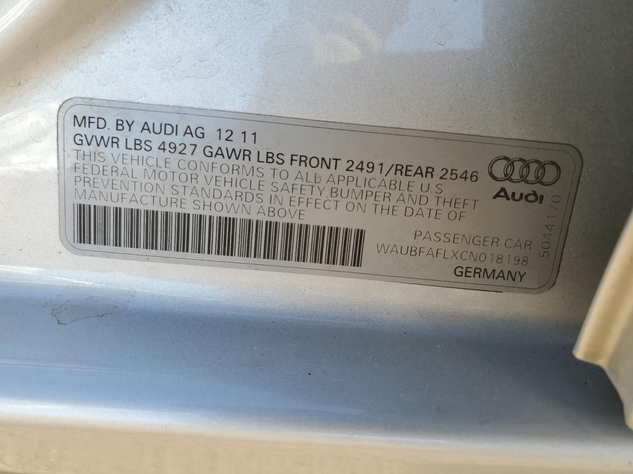 2012 Audi A4 Premium VIN: WAUBFAFLXCN018198 Lot: 82193755