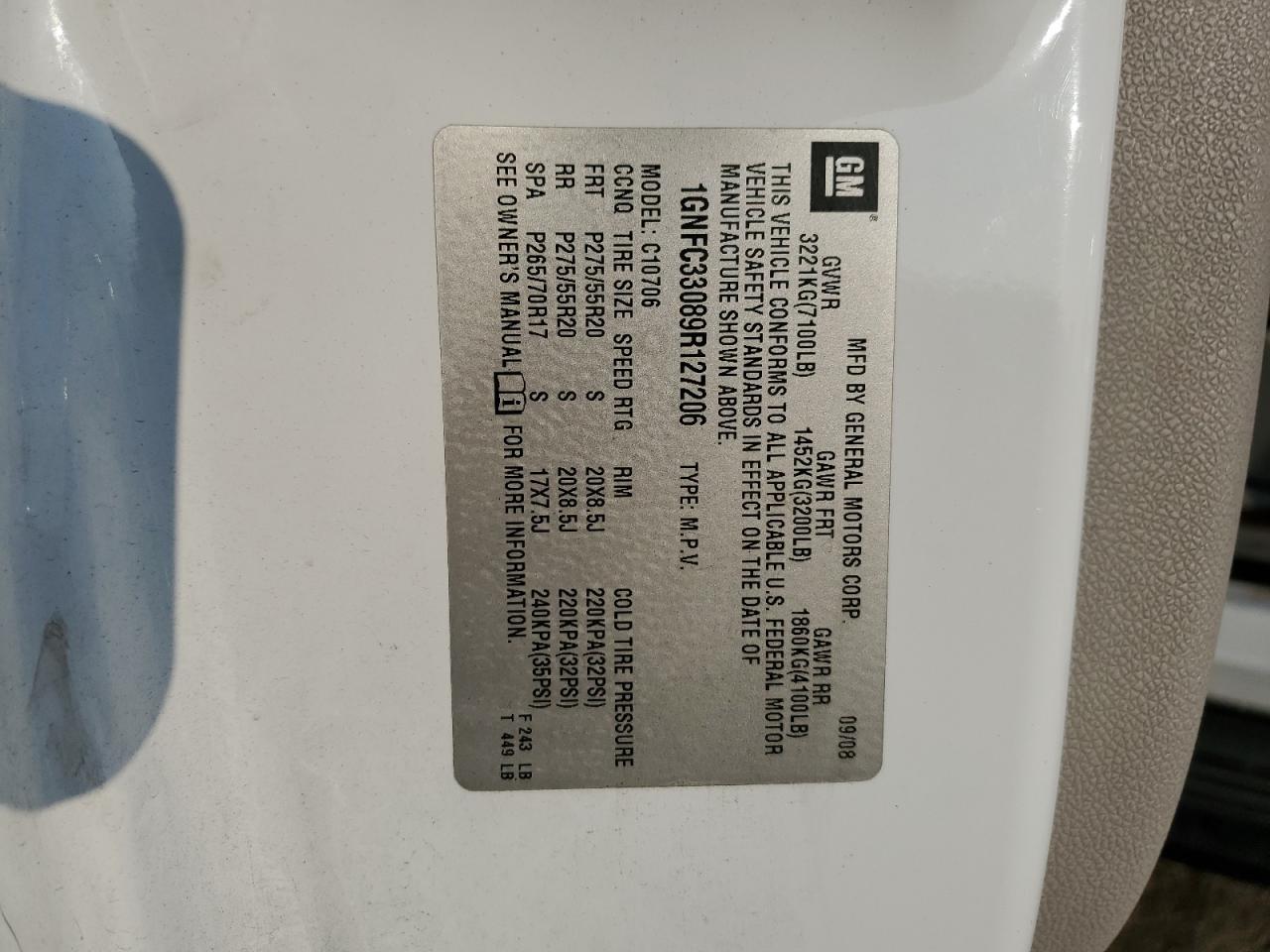 2009 Chevrolet Tahoe C1500 Ltz VIN: 1GNFC33089R127206 Lot: 89912265