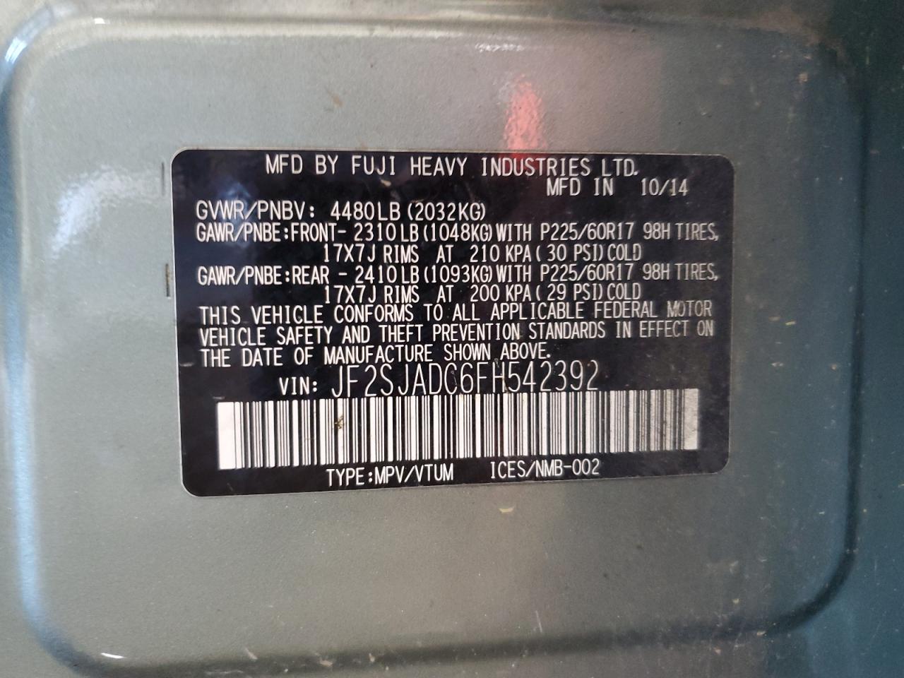 2015 Subaru Forester 2.5I Premium VIN: JF2SJADC6FH542392 Lot: 84447055