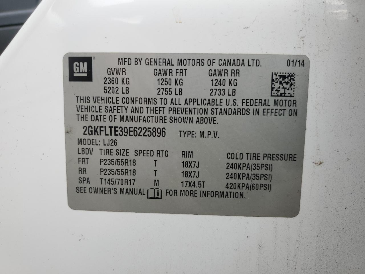 2014 GMC Terrain Slt VIN: 2GKFLTE39E6225896 Lot: 86153815