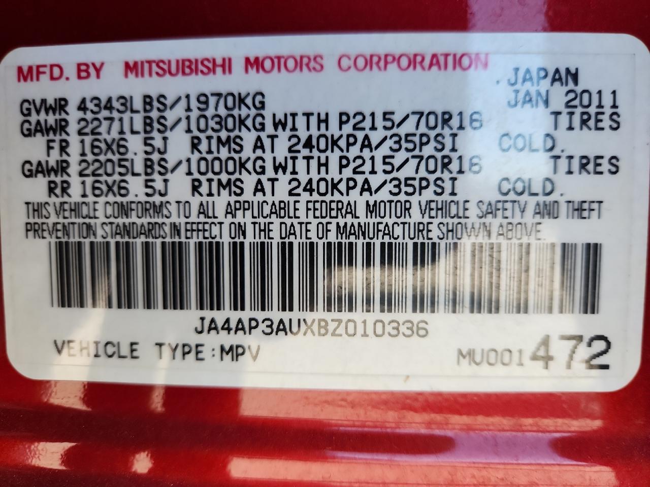 2011 Mitsubishi Outlander Sport Es VIN: JA4AP3AUXBZ010336 Lot: 87107675