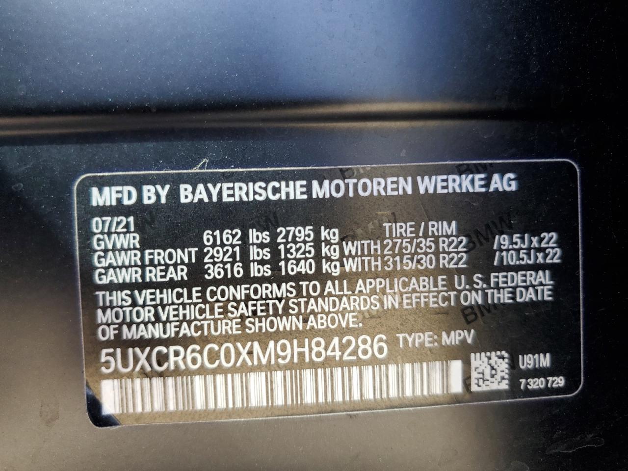 2021 BMW X5 xDrive40I VIN: 5UXCR6C0XM9H84286 Lot: 85574515