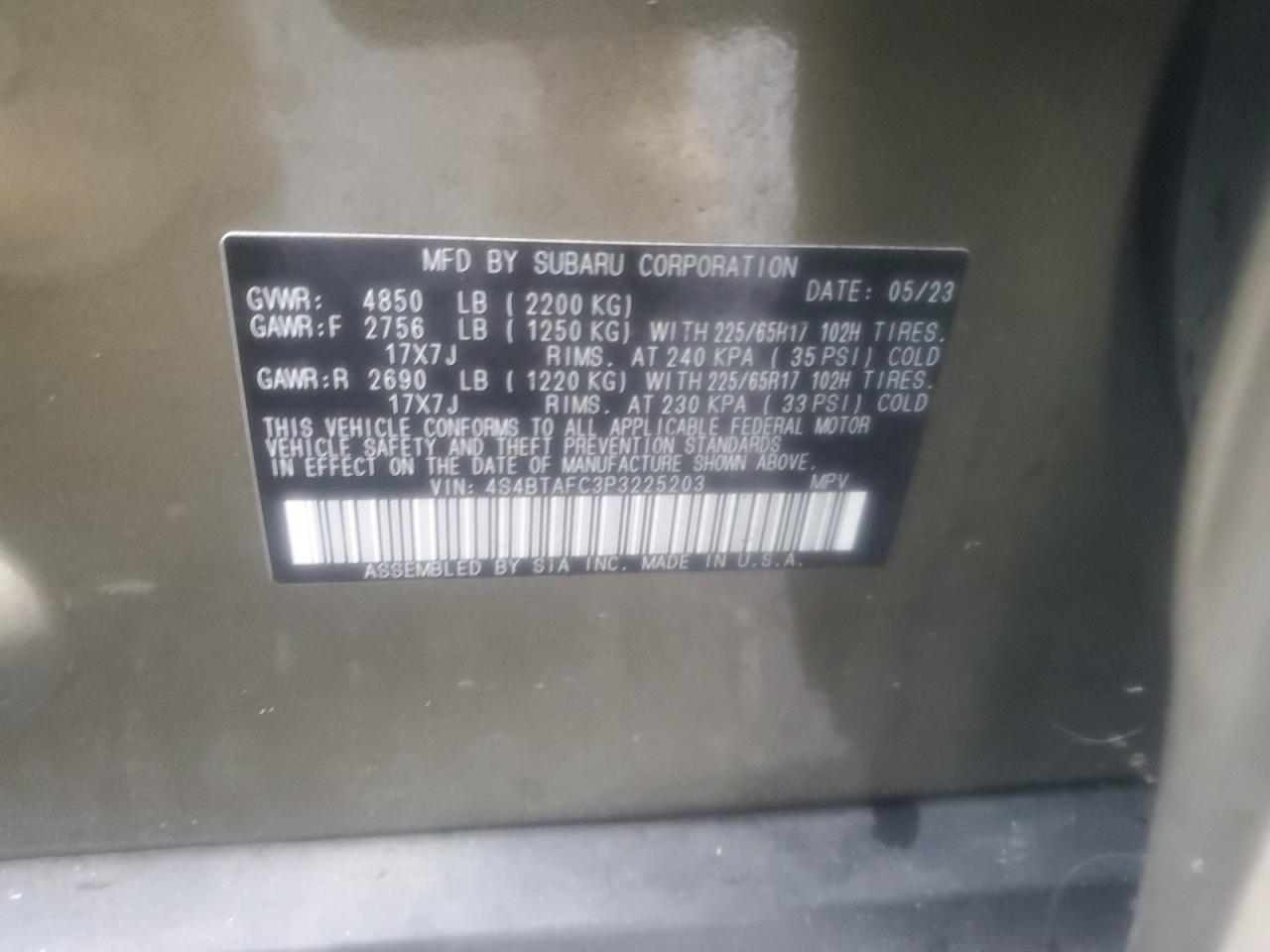 2023 Subaru Outback Premium VIN: 4S4BTAFC3P3225203 Lot: 86325975