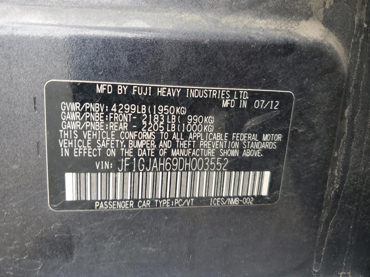 2013 Subaru Impreza Limited VIN: JF1GJAH69DH003552 Lot: 81463905