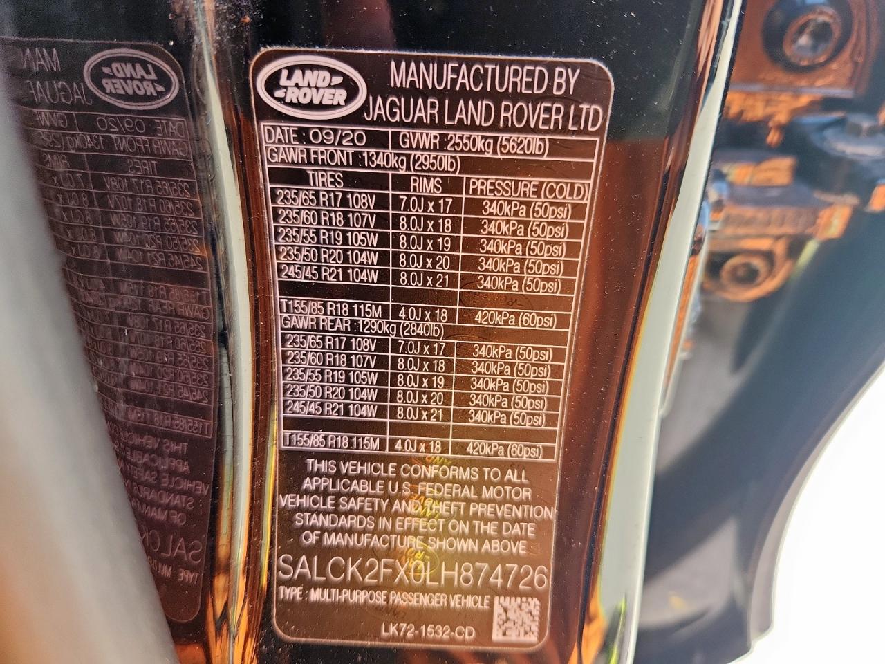 2020 Land Rover Discovery Sport VIN: SALCK2FX0LH874726 Lot: 86099655