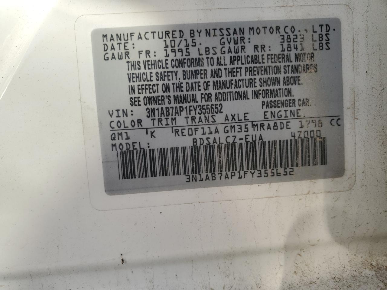 2015 Nissan Sentra S VIN: 3N1AB7AP1FY355652 Lot: 82192125