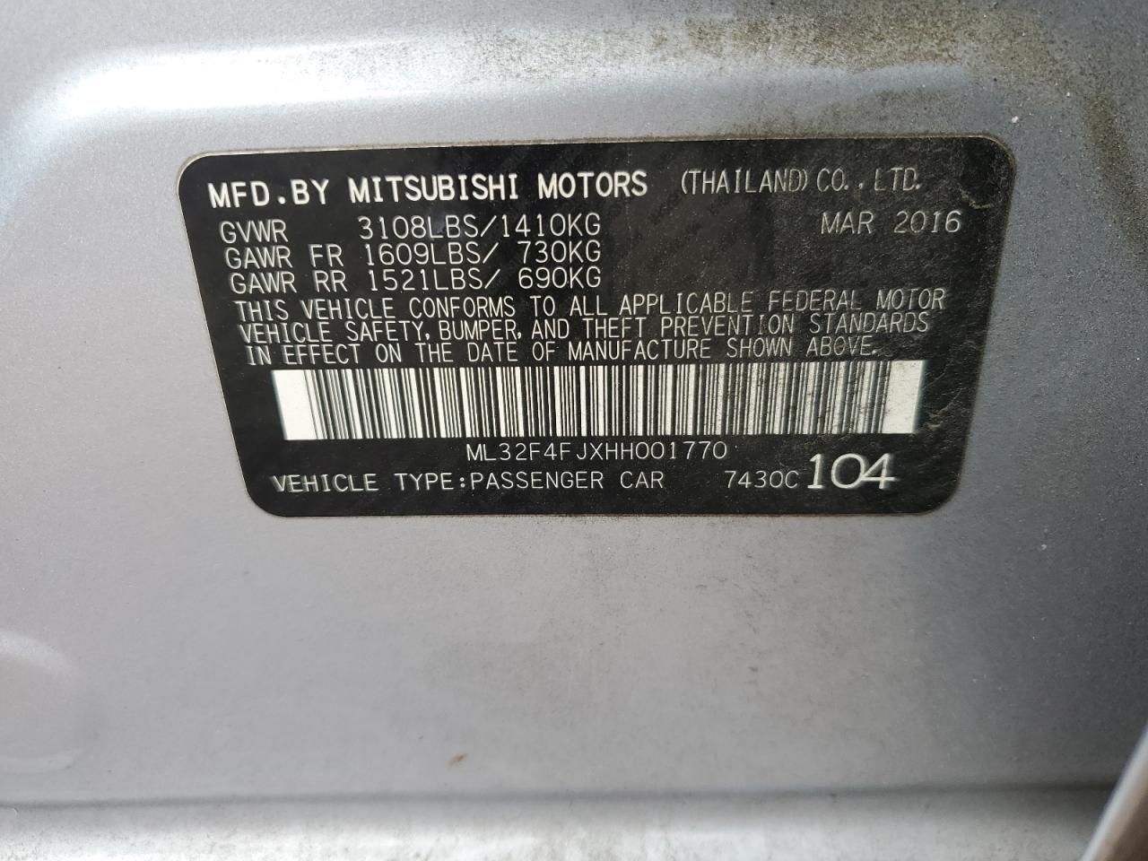 2017 Mitsubishi Mirage G4 Se VIN: ML32F4FJXHH001770 Lot: 85409075