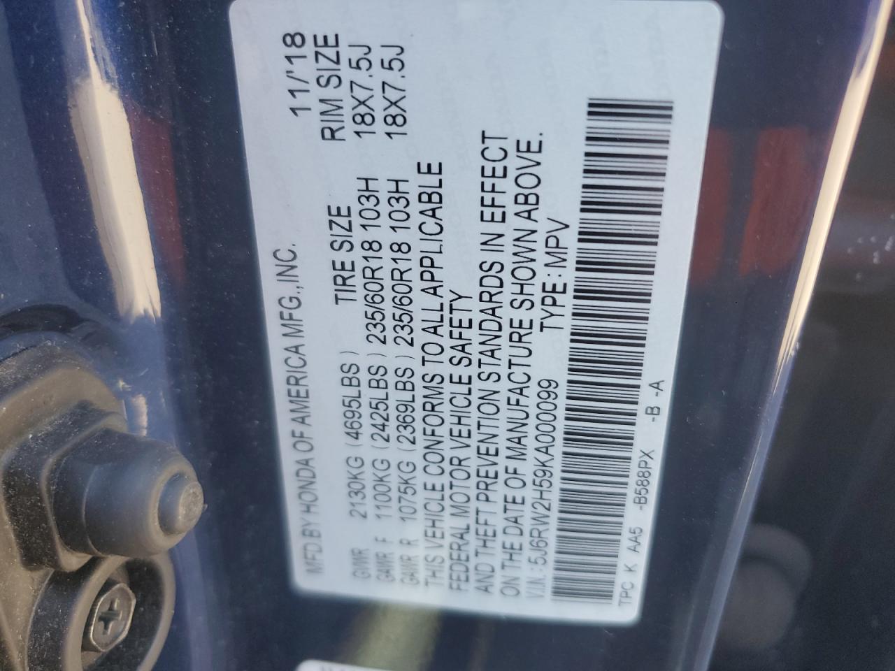 2019 Honda Cr-V Ex VIN: 5J6RW2H59KA000099 Lot: 85197525