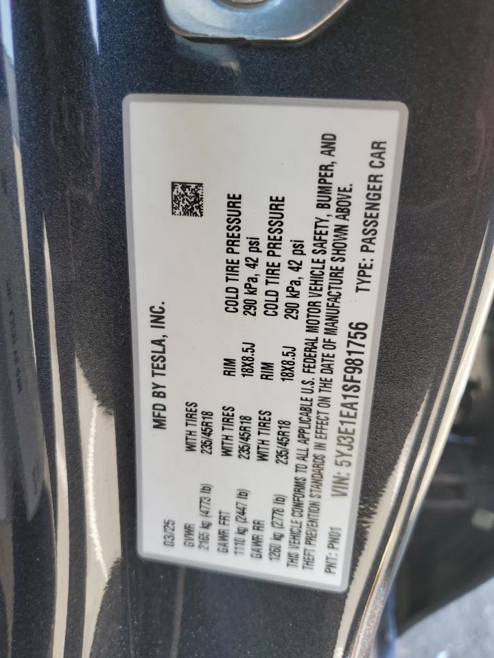 2025 Tesla Model 3 VIN: 5YJ3E1EA1SF981756 Lot: 85193265