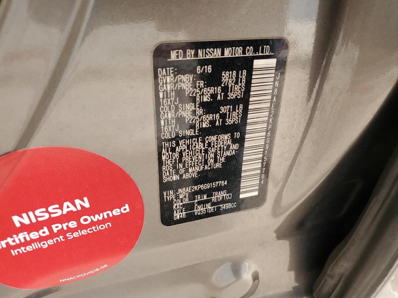 2016 Nissan Quest S VIN: JN8AE2KP6G9157764 Lot: 85584875