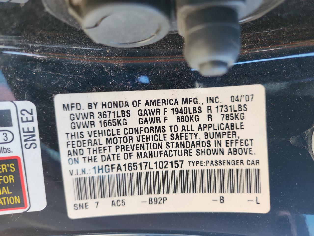 2007 Honda Civic Lx VIN: 1HGFA16517L102157 Lot: 85380335