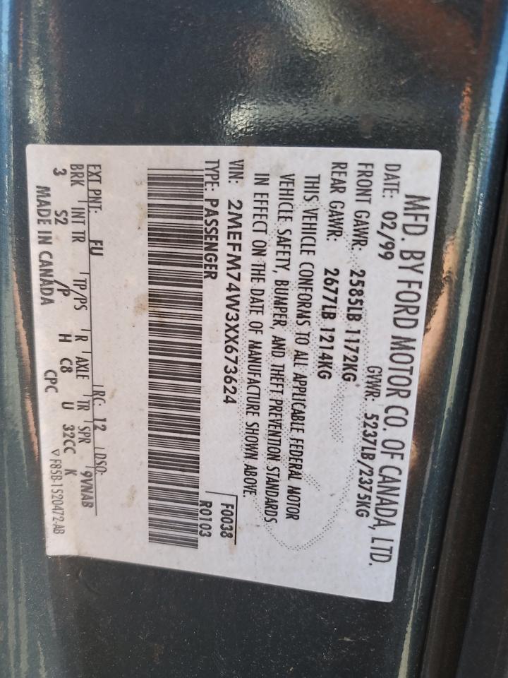 1999 Mercury Grand Marquis Gs VIN: 2MEFM74W3XX673624 Lot: 84954145