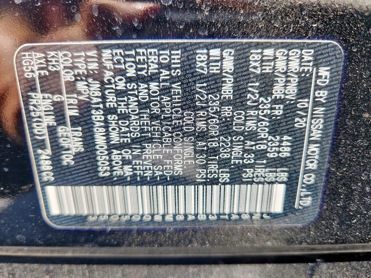 2021 Nissan Rogue Sv VIN: JN8AT3BA8MW005053 Lot: 86125125