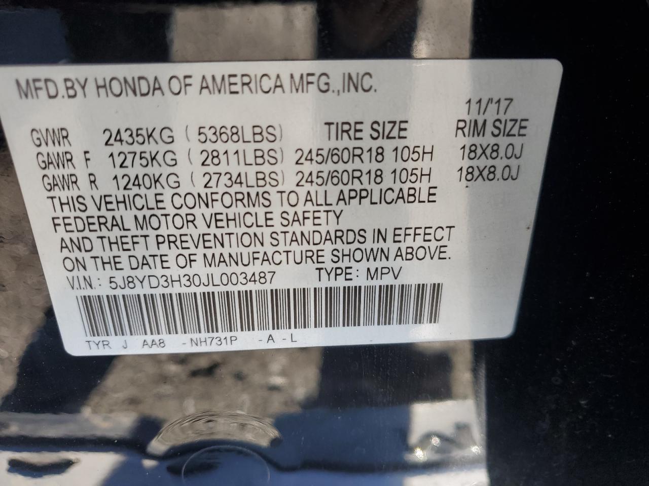 2018 Acura Mdx VIN: 5J8YD3H30JL003487 Lot: 87279835